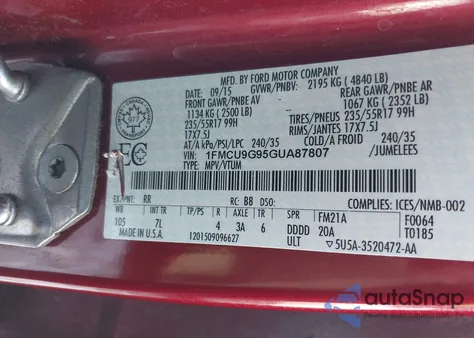 2016 Ford Escape Se from USA, damaged, VIN 1FMCU9G95GUA87807